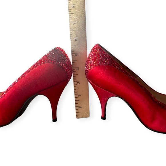Vintage Delman Red Satin Rhinestone Heels 1950s Size 6B  Cocktail Pumps - Picture 13 of 15